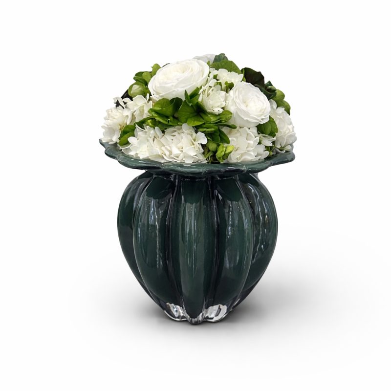 Grand Bouquet Vert - Vintage - Vaso vetro color verde con fiori color verde, crema e bianco