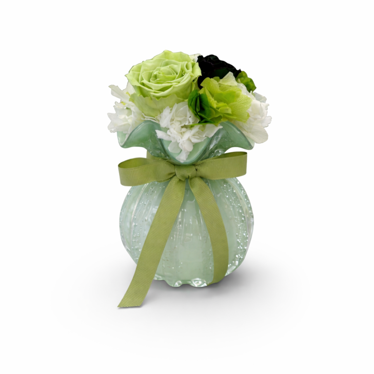 Petit Bouquet Vert- Vintage - Vaso vetro con fiori color verde, crema e bianco