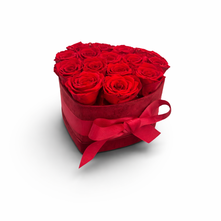 Cappelliera Cuore velluto rosso/bordeaux - 15 rose stabilizzate color rosso