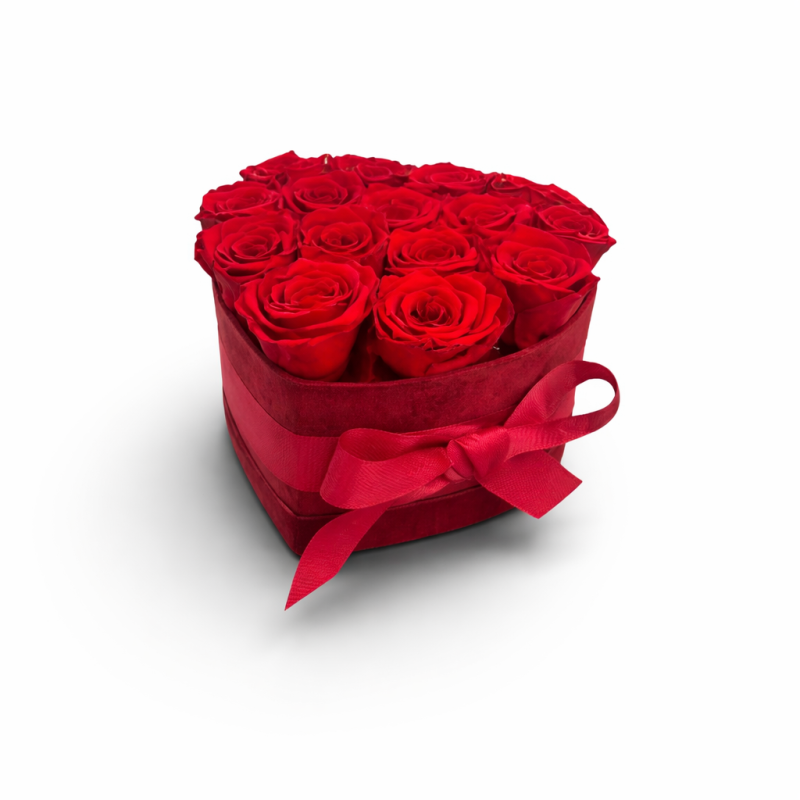Cappelliera Cuore velluto rosso/bordeaux - 15 rose stabilizzate color rosso