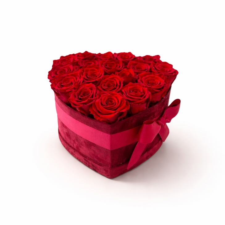 Cappelliera Cuore velluto rosso/bordeaux - 18 rose stabilizzate color rosso