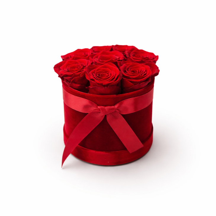 Cappelliera velluto rosso - 7 rose rosse stabilizzate - 02