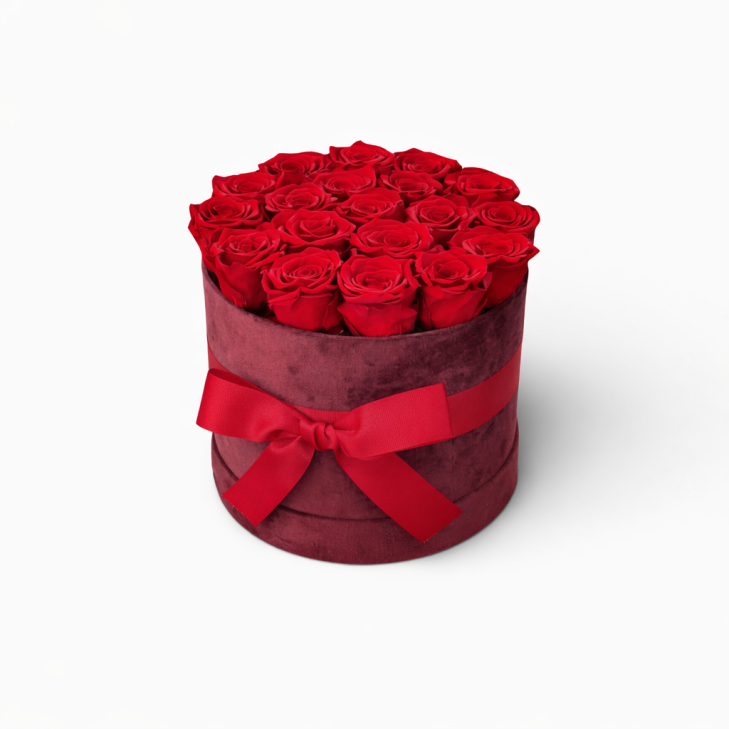 Cappelliera velluto rosso - 19 rose rosse stabilizzate - 05