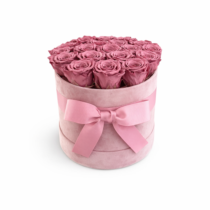 Cappelliera velluto rosa con 15 rose stabilizzate color rosa