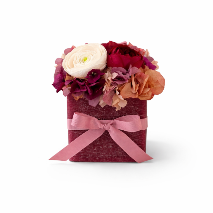 Cubo Cera Profumata Bordeaux con fiori color bordeaux, rosa e bianco