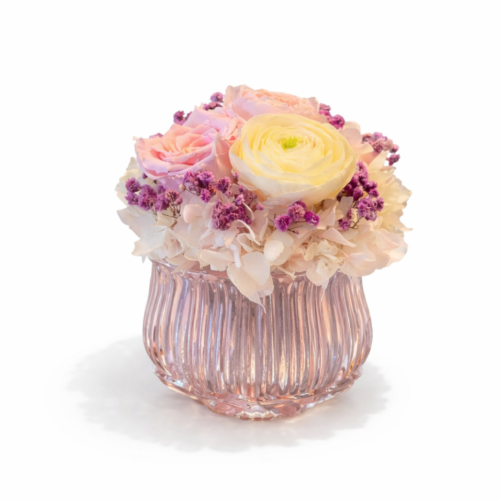 Vase Tulipe  - Vintage - Vaso vetro color rosa con fiori bordeaux, rosa e bianco