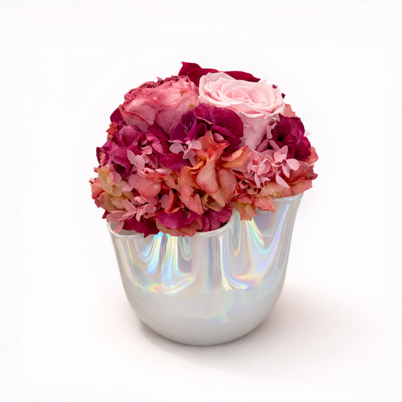 Drappo Opalescente - Modern - Vaso in vetro con fiori stabilizzati bordeaux, rosa, rosso