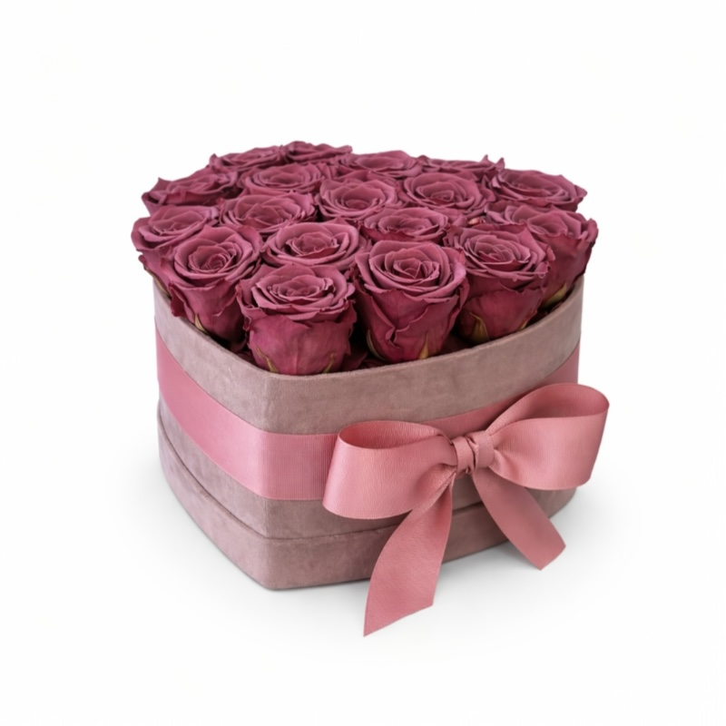 Cappelliera Cuore velluto rosa - 18 rose stabilizzate color rosa